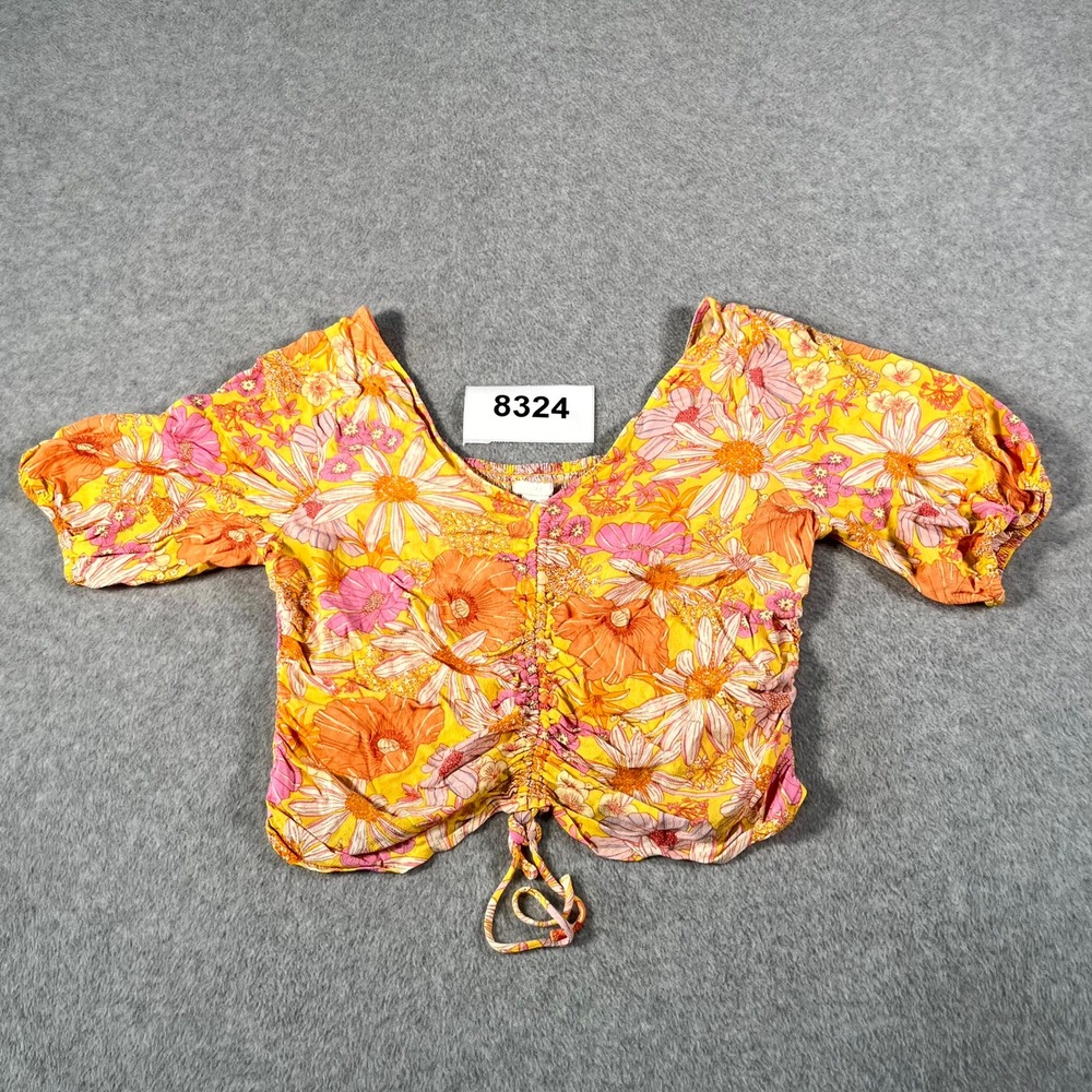 H&M Crop‎ Blouse Top Womens Large Yellow Floral Viscose Square Neck Ruched Boho